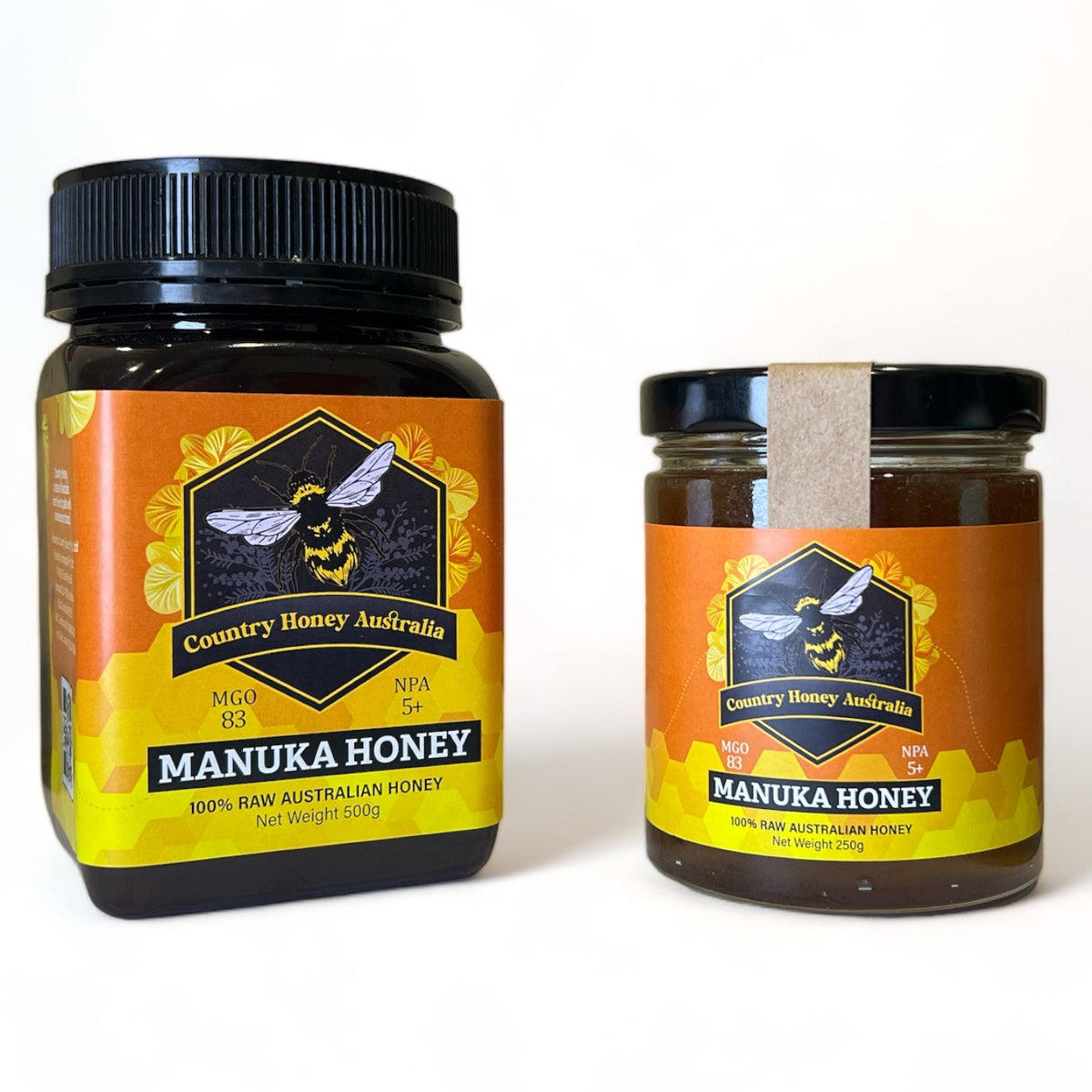 Two jars of Country Honey Australia Manuka Honey on a white background